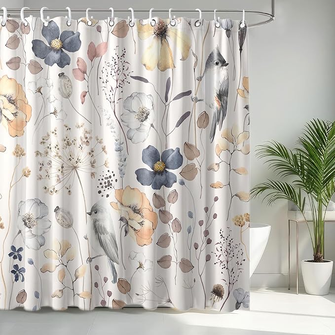 Flower Floral Shower Curtain, Watercolor Wildflower with Botanical and Birds Fabric Shower Curtains Set, Boho Plants Shower Curtains with Hooks, Minimalist Bthroom Decor 72x72inch