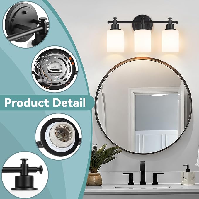 3 Light Black Bathroom Light Fixture, Modern Vanity Lights Over Mirror | Bathroom Wall Sconce with White Glass Shade, Modern Anti-Rust Vanity Light Fixture, Hardwired, E26(Bulbs Not Included)