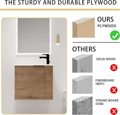 Malwee 22" Floating Bathroom Vanity with Sink, 22 Inch Single Sink Wall Mounted Bathroom Vanity, with 1 Door and White Ceramic Basin Top for Small Space, Plywood Cabinet Storage(002-22IMO)