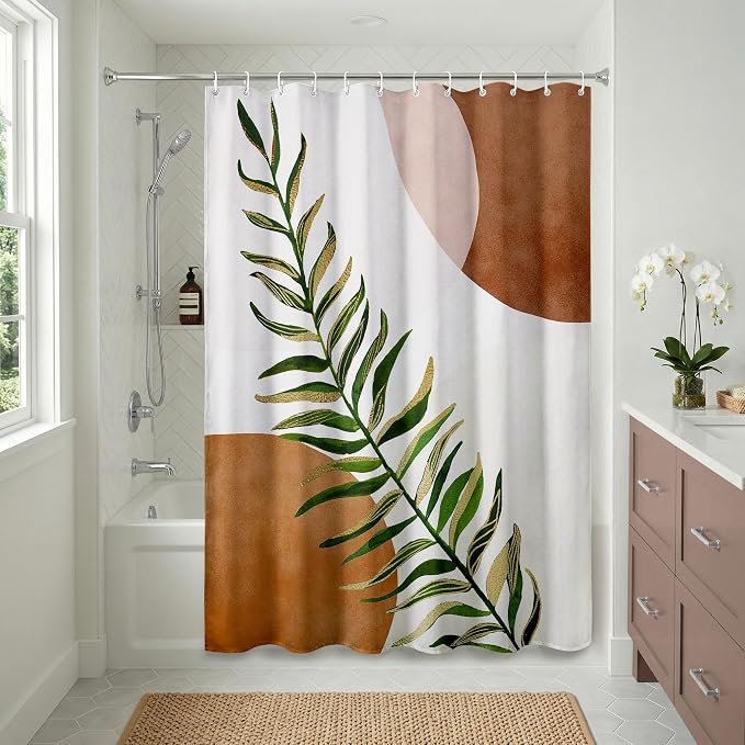 Americanflat 71x74 Boho Shower Curtain - Water-Resistant Long Shower Curtain with Durable Metal Grommets and 12 Hooks - 100% Polyester - Terracotta, Forest Green, Olive Green, Cream and Soft Pink