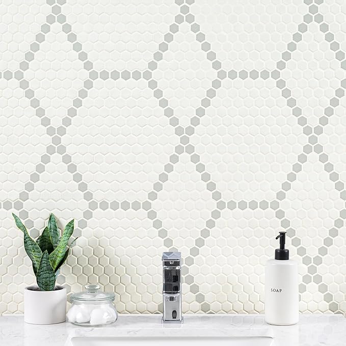 MSI White and Gray Hive Pattern Matte Porcelain Mosaic Tile Sample for Kitchen Backsplash, Bathroom Wall, Shower, and Floor