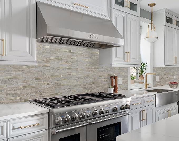 StyloVue 2 Sheets Kitchen Peel and Stick Backsplash Tiles, Beige with Metal Gold Look Stick on Backsplash for Kitchen, RV, Fireplace