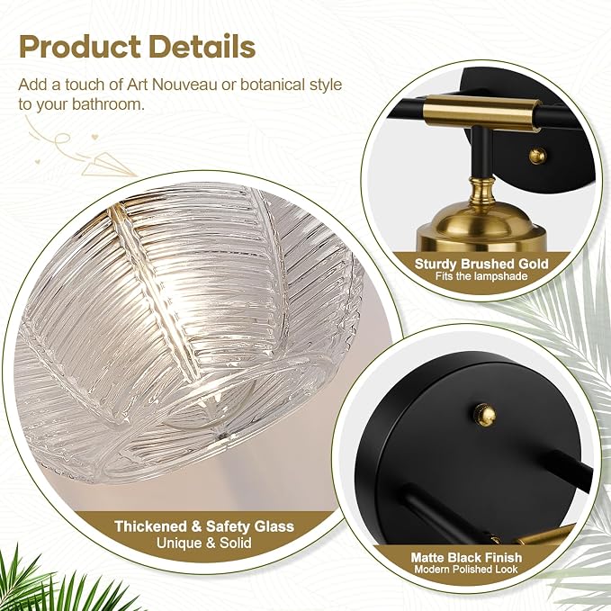 MOKATNG Bathroom Light Fixtures, 3-Light Clear Vanity Lights with Unique Leaf Texture Glass Shade, Modern Matte Black and Gold Bathroom Wall Lamp for Mirror Hallway Cabinet Living Room
