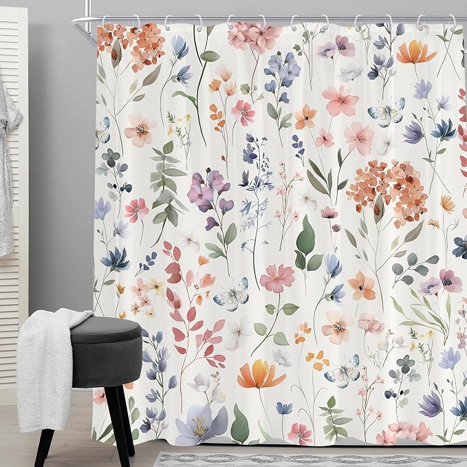 Boho Coral Pink Flower Colorful Wildflower Bathroom Shower Curtain Set | 72"W x 78"H Floral Watercolor; waterproof HD print, quick-dry fabric and plastic hooks for easy setup.