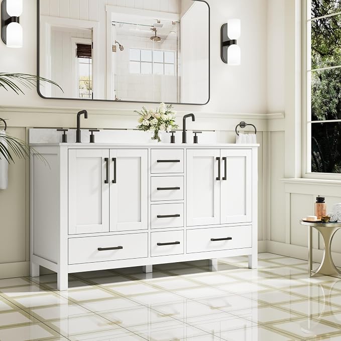 60-Inch Bathroom Vanity with Sink, 4 Soft-Close Doors and 6 Soft-Close Drawers, Bathroom Freestanding Vanity with Cultured Marble Countertop, White Vanity with Matte Black Handles
