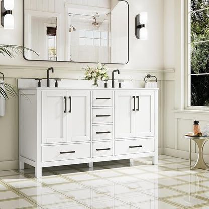 60-Inch Bathroom Vanity with Sink, 4 Soft-Close Doors and 6 Soft-Close Drawers, Bathroom Freestanding Vanity with Cultured Marble Countertop, White Vanity with Matte Black Handles