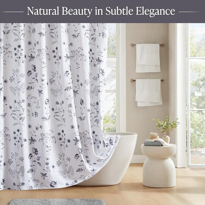 Martha Stewart 100% Cotton Floral Shower Curtain, 72 x 72, Black | Martha's Garden Series, Botanical Floral Print, Spa Quality Modern, Machine Washable, Modern Bathroom Curtains