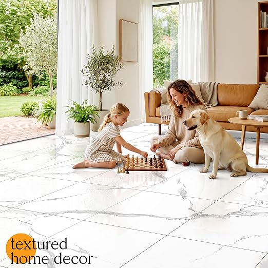 DEXDE Peel and Stick Floor Tile 18x18 Marble Vinyl Flooring Waterproof 20PC | Floor Tiles Peel and Stick Waterproof, Self Adhesive Floor Tiles, Sticky Floor Tiles Bathroom Floor Tiles 1.5FTx1.5FT White
