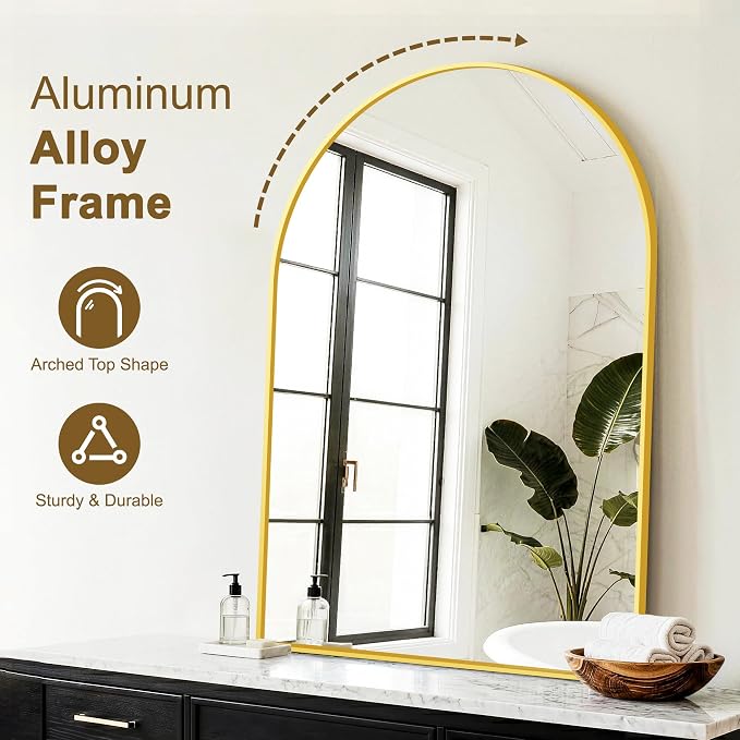 FGU Arched Bathroom Mirror for Over Sink 40"x28" Gold Vanity Mirror | Wall Mounted, HD Tempered Shatter-Proof Glass, Rust-proof Arched Metal Frame, Arch Mirror for Bedroom, Living Room, Entryway