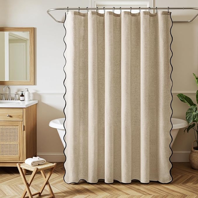 MIULEE 84" Long Beige Scalloped Linen Shower Curtain 72W x 84L | 12 metal hooks, Linen scalloped, waterproof washable, thick heavy cloth, black border, boho farmhouse, bathroom hotel use