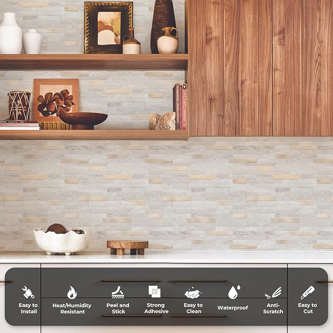 STICKGOO Peel and Stick Backsplash, PVC Wall Tiles Stick on Backsplash for Kitchen(10 Sheets, Beige with Metal Gold)