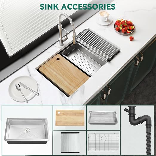 YITAHOME 32x19inch Undermount Kitchen Sink Workstation, 304 Stainless Steel Single Bowl Drop in Sink with Accessories, Honeycomb Surface Design Scratches Resistant