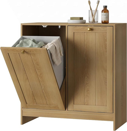 Smart FENDEE Double Tilt Out Laundry Hamper Cabinet, Small Hidden Trash Cabinets with 2 Baskets for Kitchen, Freestanding Bathroom Storage Cabinet Unit, Natural Oak