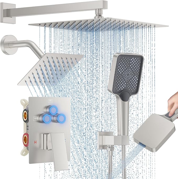 Woindo Shower Faucet Set, 12" Wall Mount Rainfall Shower System with 2 Rain Shower Head and Multi-function Handheld Head Push Button Diverter Shower Faucet Trim Kit