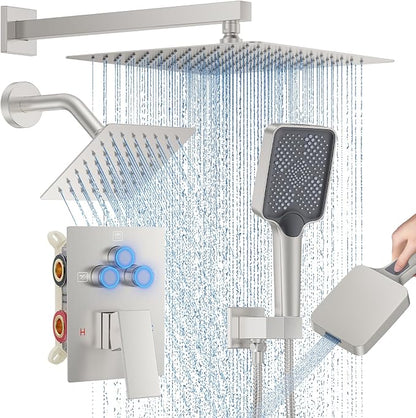 Woindo Shower Faucet Set, 12" Wall Mount Rainfall Shower System with 2 Rain Shower Head and Multi-function Handheld Head Push Button Diverter Shower Faucet Trim Kit