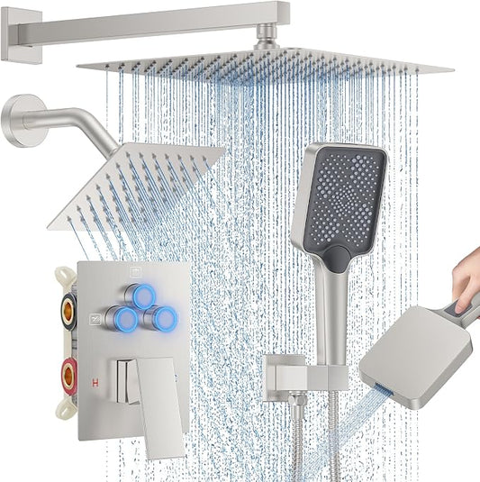 Woindo Shower Faucet Set, 12" Wall Mount Rainfall Shower System with 2 Rain Shower Head and Multi-function Handheld Head Push Button Diverter Shower Faucet Trim Kit