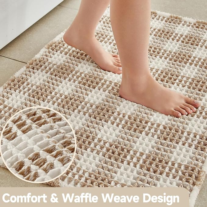 TYUU Waffle Bath Mat, Small Boho Bathroom Rugs Non Slip 24x16 Khaki & White | Super Absorbent Quick Dry Bath Rug, Non-Slip Backing, Soft Waffle Washable Farmhouse Bathroom Mats, Tub, Shower & Home Decor
