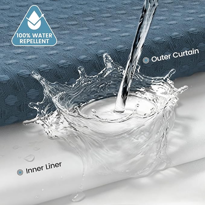 EUTXL Heavyweight No Hook Shower Curtain with Liner, Moonlight Blue,71x86 | Snap in Liner, 256GSM Thick Waffle Fabric, Hotel Luxury Spa, Corner Magnets, Quick Dry, Waterproof & Washable, Extra Long