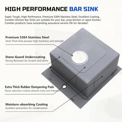 COMLLEN 17x19 Inch Drop in Bar Sink Brushed Nickel | cutting board, 304, 16 gauge, 9-inch deep, grid drain, workstation, outdoor, RV, laundry, kitchen