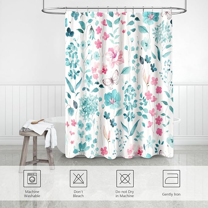 Teal Pink Floral Shower Curtain, Cute Flower Fabric Shower Curtains for Bathroom, Watercolor Wildflower Butterfly Cloth Shower Curtain Set with Hooks, 72x72