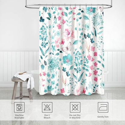 Teal Pink Floral Shower Curtain, Cute Flower Fabric Shower Curtains for Bathroom, Watercolor Wildflower Butterfly Cloth Shower Curtain Set with Hooks, 72x72