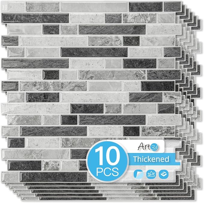 Art3d Linear Tile Peel and Stick Backsplash, 10-Sheet, Multi-Tone Gray | 12 x 12 Inch, Enhanced Thickness, Warp Resistant, Strong Adhesion, Sturdy, for Kitchen, Bedroom, Ideal for Home Improvement