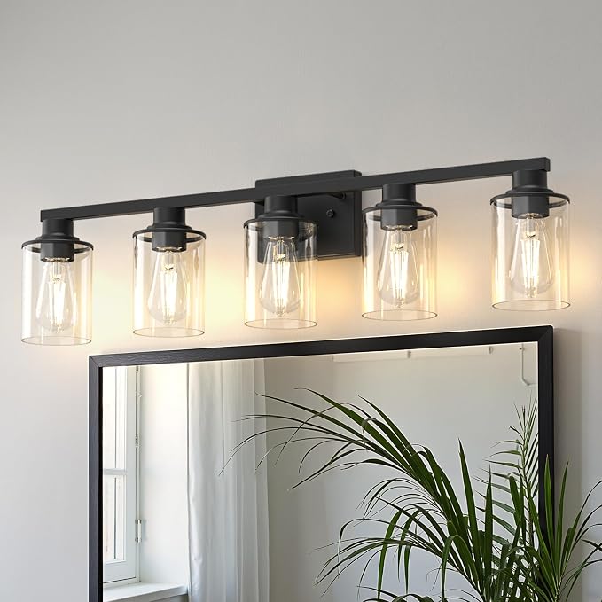 DORESshop 5-Light Black Bathroom Vanity Light Fixture ETL Listed | Modern Bathroom Vanity Light, Black Wall Light Fixture With Clear Glass Shade, Mirror Lighting for Hallway Living Room