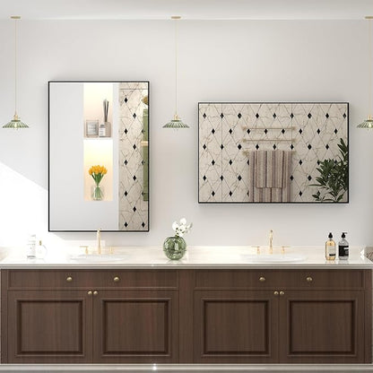 20x28 Inch Black Metal Framed Bathroom Mirror, Black Rectangular Mirror, Matte Black Mirror, Square Corner, Anti-Rust (Horizontal/Vertical)