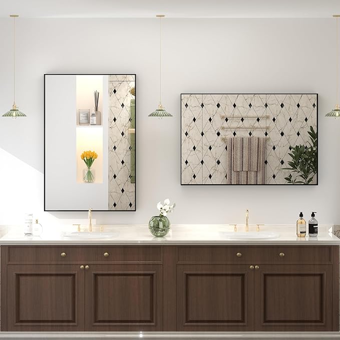 24x32 Inch Black Metal Framed Wall Mirror for Wall, Matte Black Rectangle Mirror, Bathroom Vanity Mirror with Square Corner, Anti-Rust (Horizontal/Vertical)