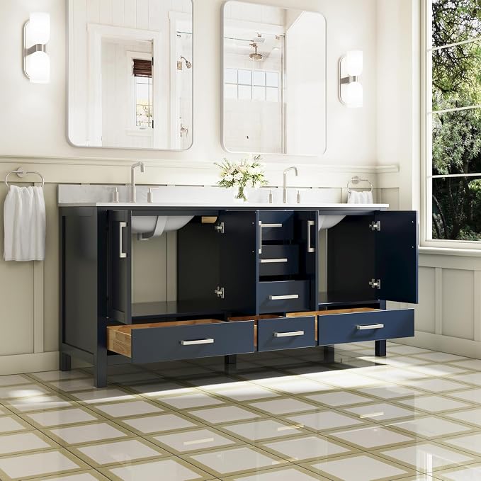72-Inch Bathroom Vanity with Sink, 4 Soft-Close Doors and 6 Soft-Close Drawers, Bathroom Freestanding Vanity with Cultured Marble Countertop, Navy Blue Vanity with Brushed Nickel Handles
