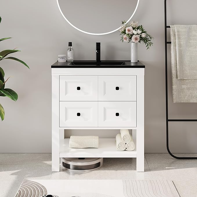 eclife 30" Bathroom Vanity with Sink Combo, Modern Painted Vanities Cabinet with Big Drawers, Opening Bottom Shelf, Raised Foot Pads, Include Undermount Black Sink, Faucet & Drain, White