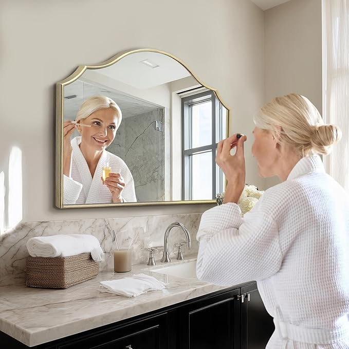 Besdomus Gold Wooden Vanity Mirror: 32"x24" Bathroom Mirrors for Over Sink | Scalloped Modern Minimalist Decorative Wall Mirror for Dresser/Mantel/Bedroom/Entryway/Fireplace/Nightstand/Dining Room