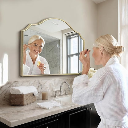 Besdomus Gold Wooden Vanity Mirror: 32"x24" Bathroom Mirrors for Over Sink | Scalloped Modern Minimalist Decorative Wall Mirror for Dresser/Mantel/Bedroom/Entryway/Fireplace/Nightstand/Dining Room