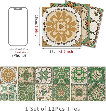 6X6 in Green Mandala Tile Stickers,12Pcs Wall Tile Decals | 1.6mm-Thick Foam+PE Tiles,Self Adhesive Backsplash Tile,Waterproof Removable Wall Decor for Kitchen,Bathroom