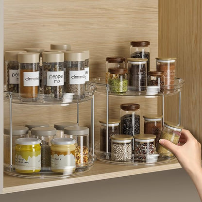LAMU 2 Pack 2 Tier Lazy Susan Turntable Organizer 9.25'' Rotating Spice Rack Organization for Cabinet, Kitchen, Pantry, Countertop, Bathroom, Vanity, Medicine Cabinet Organizer, Clear