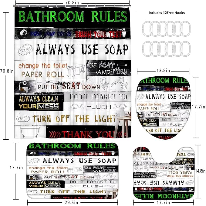 AZHM Letter Plank Pattern Shower Curtain Set for Bathroom 4 Pcs Black Bathroom Accessory Decor Sets with Shower Curtain and Rugs