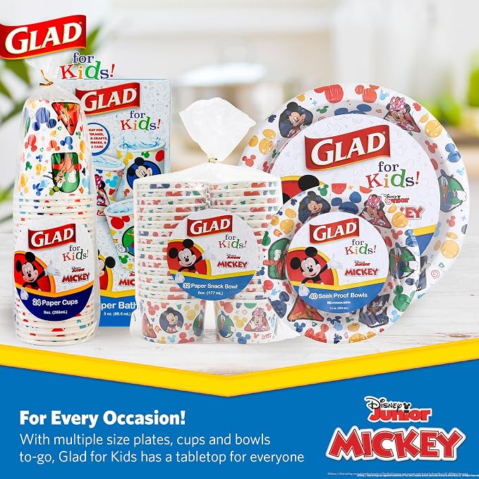 Glad for Kids Disney Mickey and Friends Mini Paper Cups, 3 Oz, 100 Ct, 6-Pk | Soak-proof bathroom rinse cups sized for little hands; colorful Mickey Mouse designs
