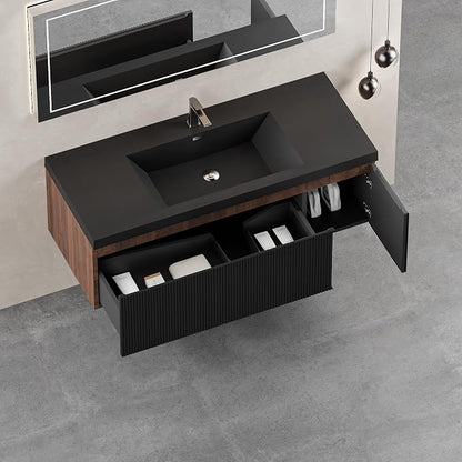 48 Inch Floating Bathroom Vanity with Sink, Modern Black Wall Mounted Floating Vanity with Scratch-Resistant Quartz Sand Basin, Soft Closing Drawers, Fully Pre Assembled Bathroom Vanity