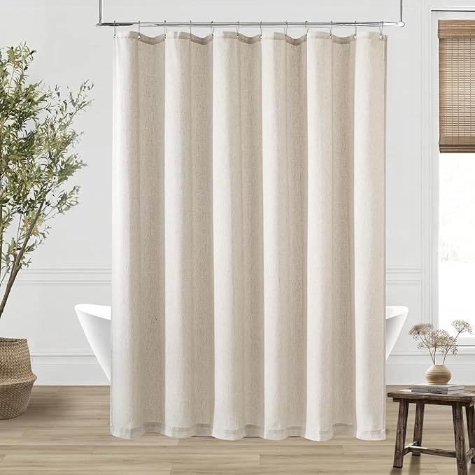 Oatmeal Linen Shower Curtain for Bathroom Water Repellent 72x80 Inch | Extra Long, Boho Farmhouse, Shower Curtains 80 Inches Long, Tan Beige Grey Beige, Bath Decor Drapes Set, with Hooks