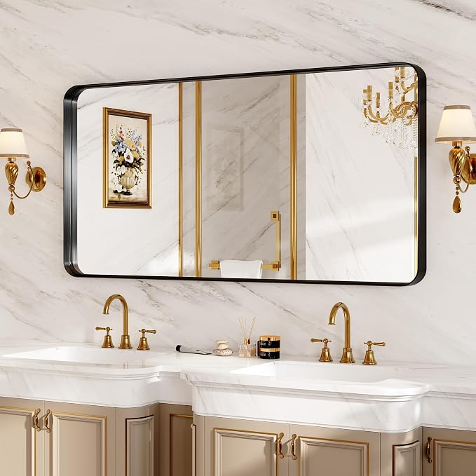 72 x 30 Inch Black Metal Framed Bathroom Mirror for Wall, Matte Framed Rounded Rectangular Modern Mirrors for Over Sink, Anti-Rust, HD Tempered Glass, Farmhouse, Hangs Horizontally or Vertically