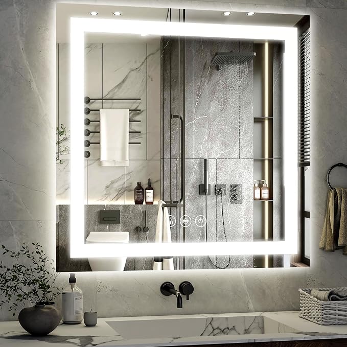 XRAMFY 47"X47" LED Bathroom Mirror, Backlit + Front Lit Wall Mirror | LED Bathroom Mirror with Lights for Wall, 3 Colors, Anti-Fog, Dimmable Brightness, Tempered Glass