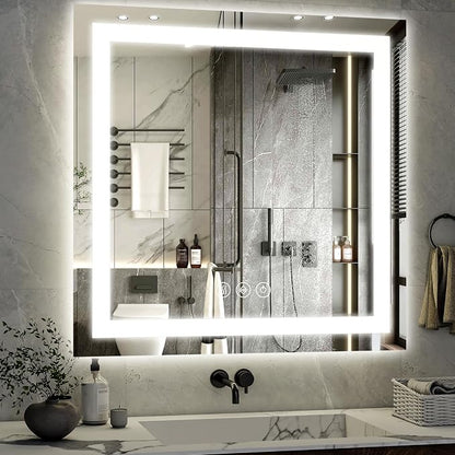 XRAMFY 47"X47" LED Bathroom Mirror, Backlit + Front Lit Wall Mirror | LED Bathroom Mirror with Lights for Wall, 3 Colors, Anti-Fog, Dimmable Brightness, Tempered Glass