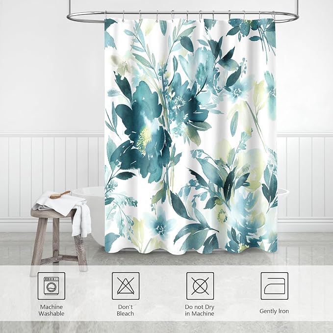 Extra Long Shower Curtain 72 x 84 Inch, Tall Teal Yellow Floral Decor | Watercolor Floral Modern Abstract Flower Bathroom Fabric Shower Curtain Set with Hooks