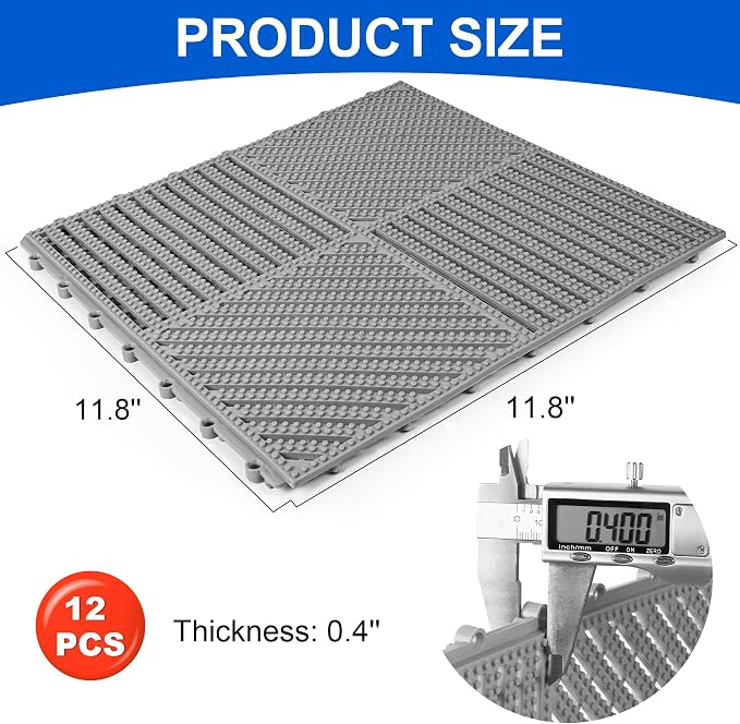 Modular Interlocking Cushion 12 Pack 11.8" x 11.8" Rubber Floor Tiles Non-Slip Splicing Drainage Mats for Deck, Pool, Shower, Patio, Balcony, Bathroom, Kitchen, Yard (2 Rows Dots, Gray)