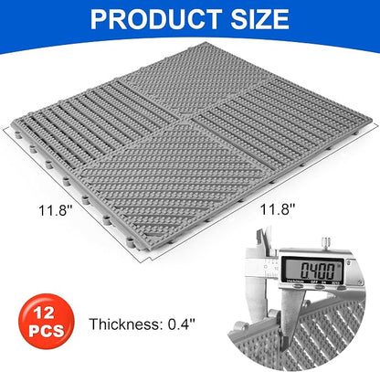 Modular Interlocking Cushion 12 Pack 11.8" x 11.8" Rubber Floor Tiles Non-Slip Splicing Drainage Mats for Deck, Pool, Shower, Patio, Balcony, Bathroom, Kitchen, Yard (2 Rows Dots, Gray)