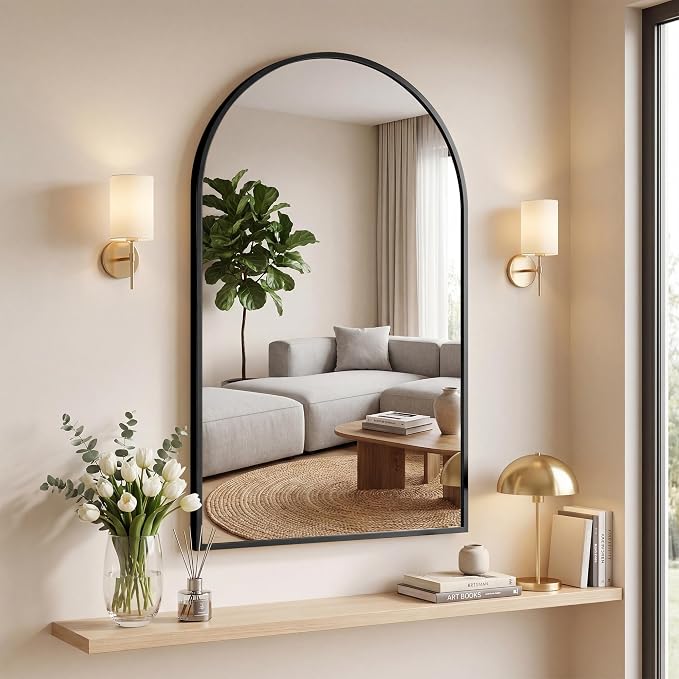 OLIXIS 26x38 Inch Arched Black Bathroom Mirrors for Over Sink, Wall Mirror | Wall Mirror, Arch Bathroom Vanity Mirror with Matte Metal Frame and Tempered Glass for Home Decor, Living Room, Shatterproof