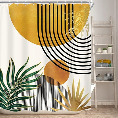 Mid Century Boho Abstract Modern Sun Minimalist Bathroom Shower Curtain Set | 60Wx72L Arch Curve design, waterproof HD print with fast-drying fabric and 12 hooks.