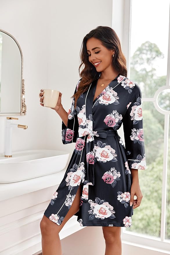 Ekouaer Women Kimono Robes Knee Length Knit Bathrobe Lightweight Soft Sleepwear V-neck Casual Ladies Loungewear