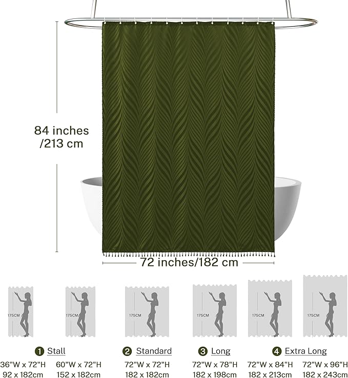 Extra Long Olive Green Boho Woven Fabric Cute 84 Inch Shower Curtain, 72 x 84 Tufted Leaves Textured Striped Modern Farmhouse Minimalist Cloth Shower Curtain for Bathroom