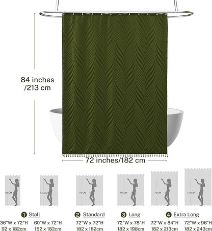 Extra Long Olive Green Boho Woven Fabric Cute 84 Inch Shower Curtain, 72 x 84 Tufted Leaves Textured Striped Modern Farmhouse Minimalist Cloth Shower Curtain for Bathroom